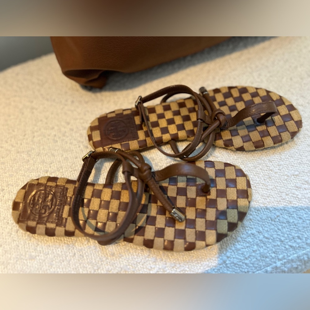 Tory Burch Brown & Gold Leather Ankle Strap Sandals